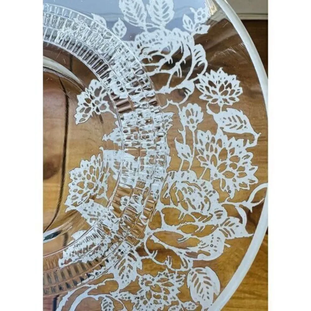 Vintage Floral‎ Leaf Silver Overlay Glass Plate W/Handles Silver Trim 8